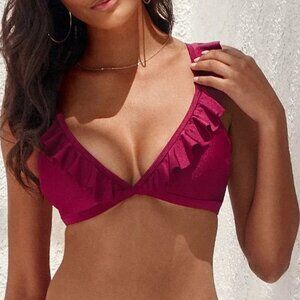 BURGUNDY PLUNGE V-NECK CROP FLONCE RUFFLE BIKINI TOP SIZE SMALL NWOT